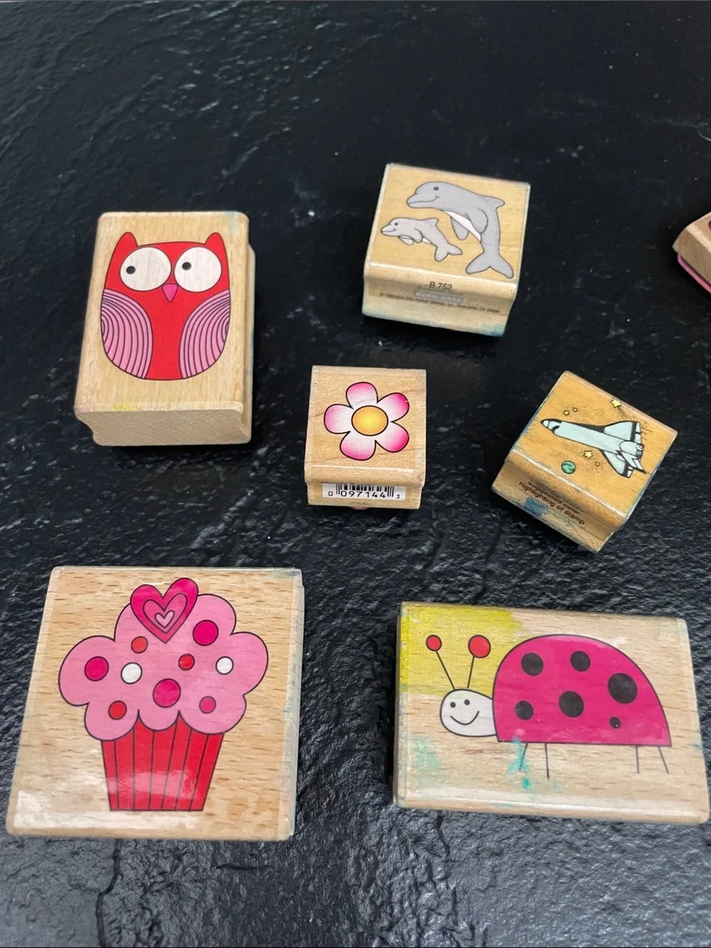 Wood Stamp Set with Colorful Pink and Multicolor Designs